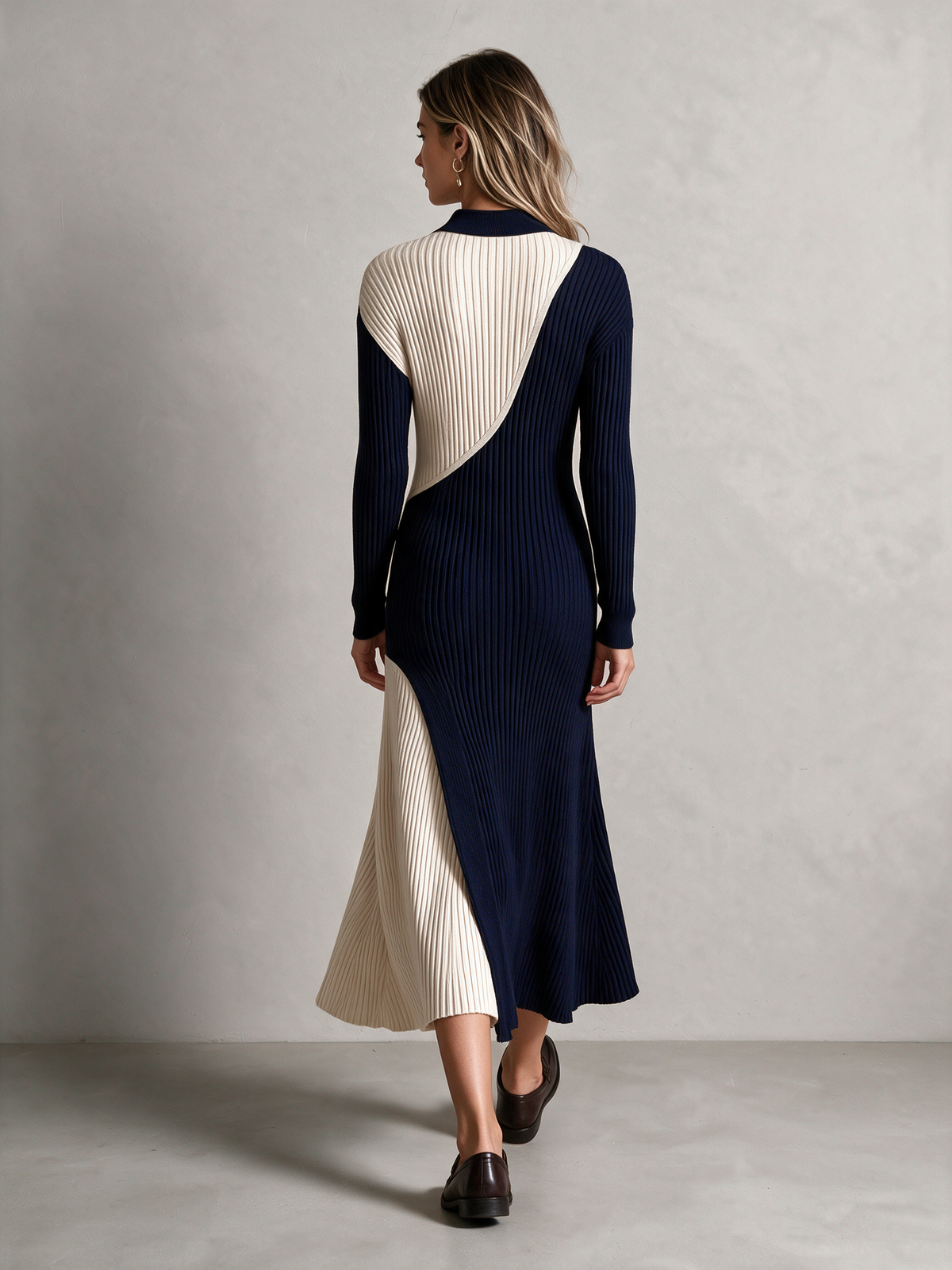 Women's Color Block Polo Collar Button Ribbed Knit Midi Dress – House of Velari