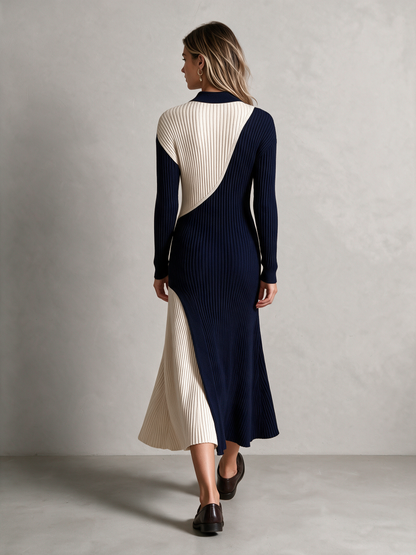 Women's Color Block Polo Collar Button Ribbed Knit Midi Dress – House of Velari