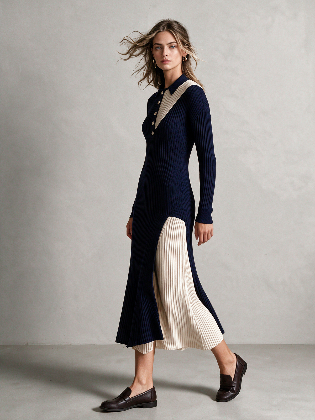 Women's Color Block Polo Collar Button Ribbed Knit Midi Dress – House of Velari