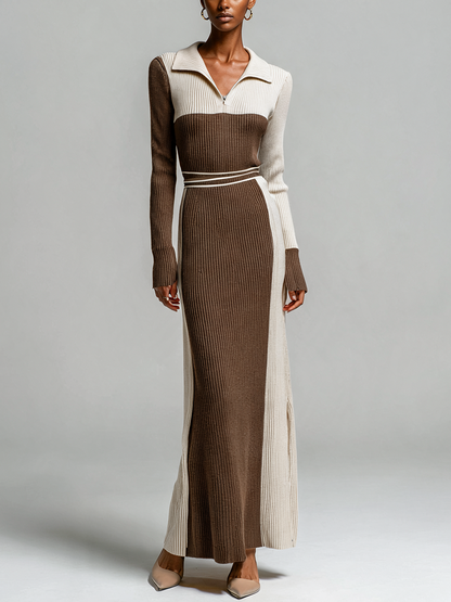 Women's Color Block Polo Collar Ribbed Knit Maxi Dress – House of Velari
