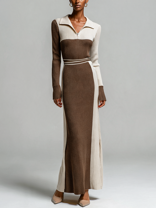 Women's Color Block Polo Collar Ribbed Knit Maxi Dress – House of Velari