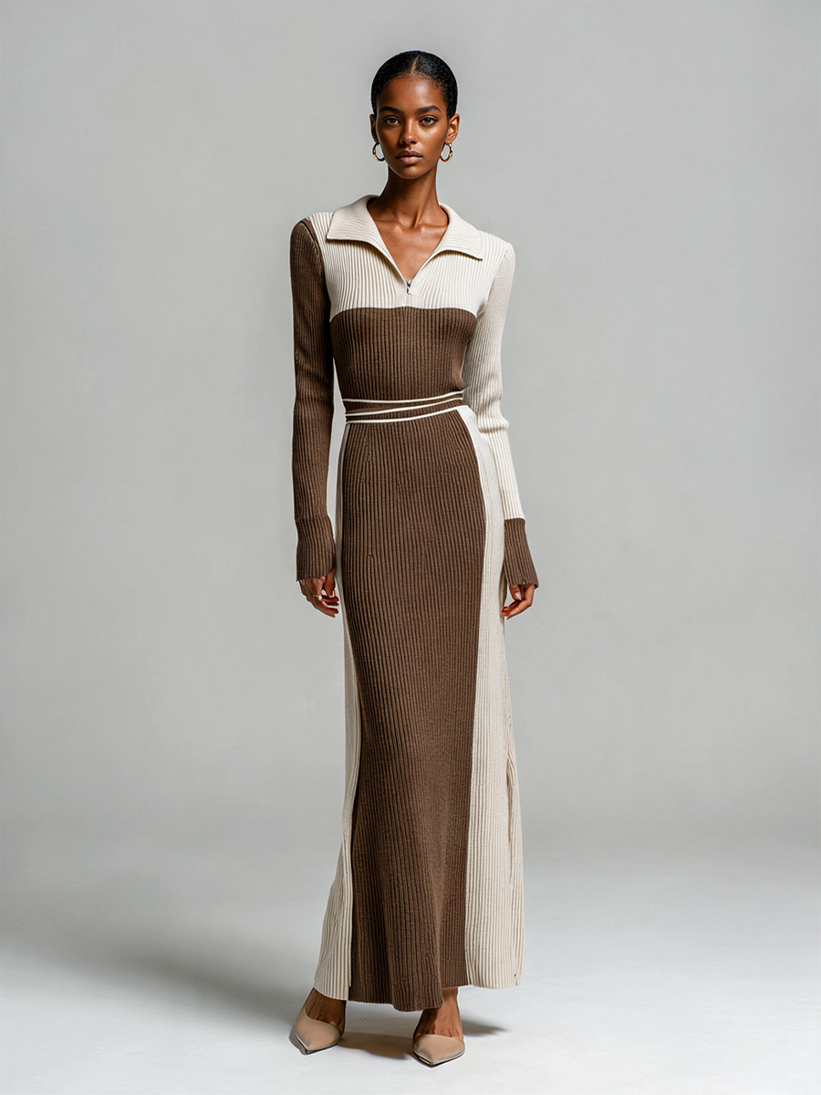 Women's Color Block Polo Collar Ribbed Knit Maxi Dress – House of Velari