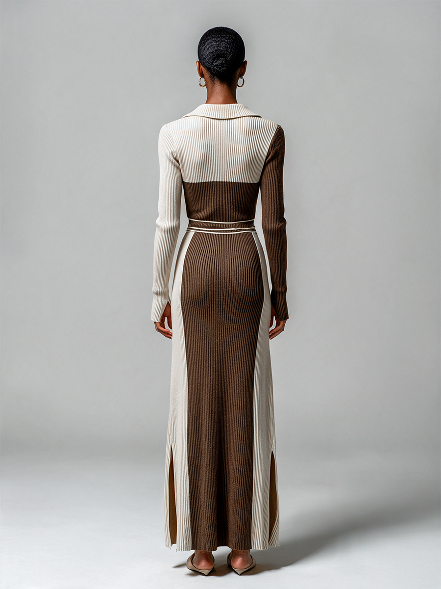Women's Color Block Polo Collar Ribbed Knit Maxi Dress – House of Velari