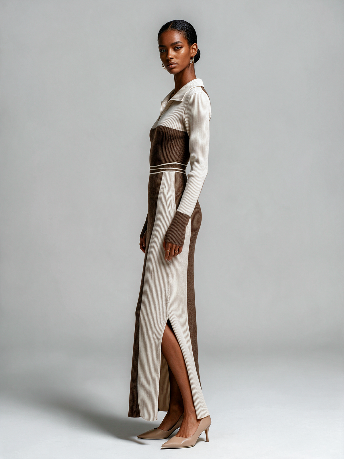 Women's Color Block Polo Collar Ribbed Knit Maxi Dress – House of Velari