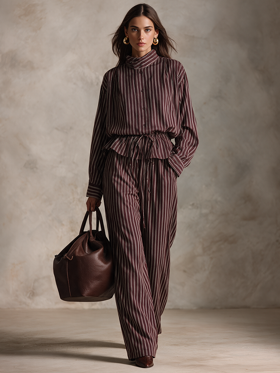 Women's Vintage Striped Shirt & Wide-Leg Pants Set – House of Velari