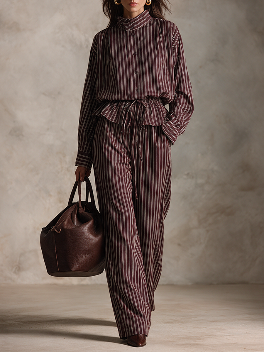 Women's Vintage Striped Shirt & Wide-Leg Pants Set – House of Velari