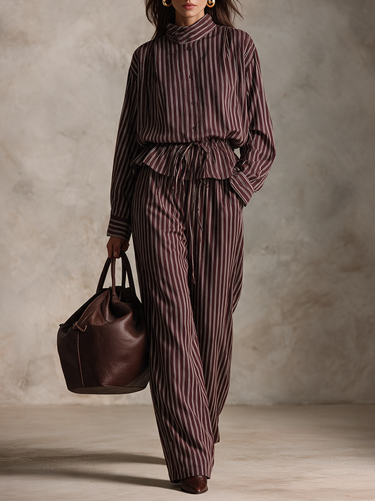 Women's Vintage Striped Shirt & Wide-Leg Pants Set – House of Velari