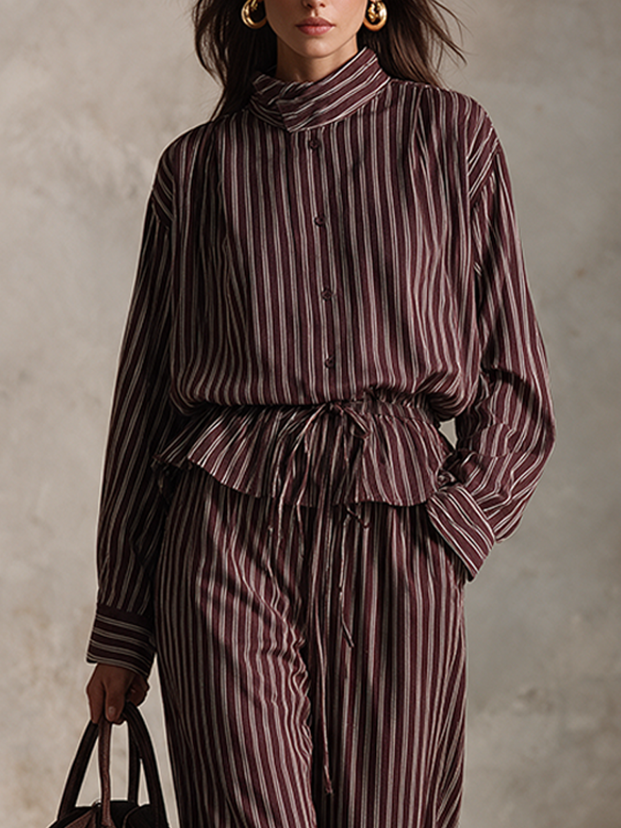 Women's Vintage Striped Shirt & Wide-Leg Pants Set – House of Velari