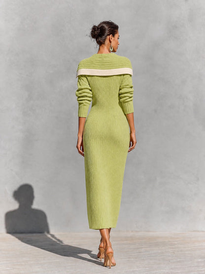 Women's Off-Shoulder Color-Block Ribbed Knit Button-Up Maxi Sweater Dress – House of Velari