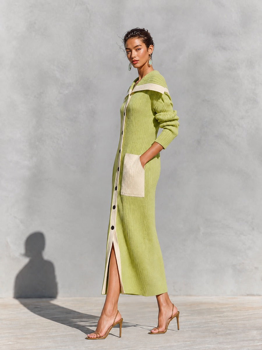 Women's Off-Shoulder Color-Block Ribbed Knit Button-Up Maxi Sweater Dress – House of Velari
