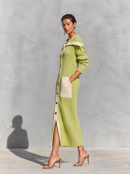 Women's Off-Shoulder Color-Block Ribbed Knit Button-Up Maxi Sweater Dress – House of Velari