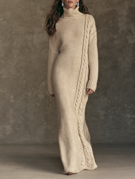 Women's Vintage High-Neck Cable-Knit Panel Maxi Sweater Dress – House of Velari