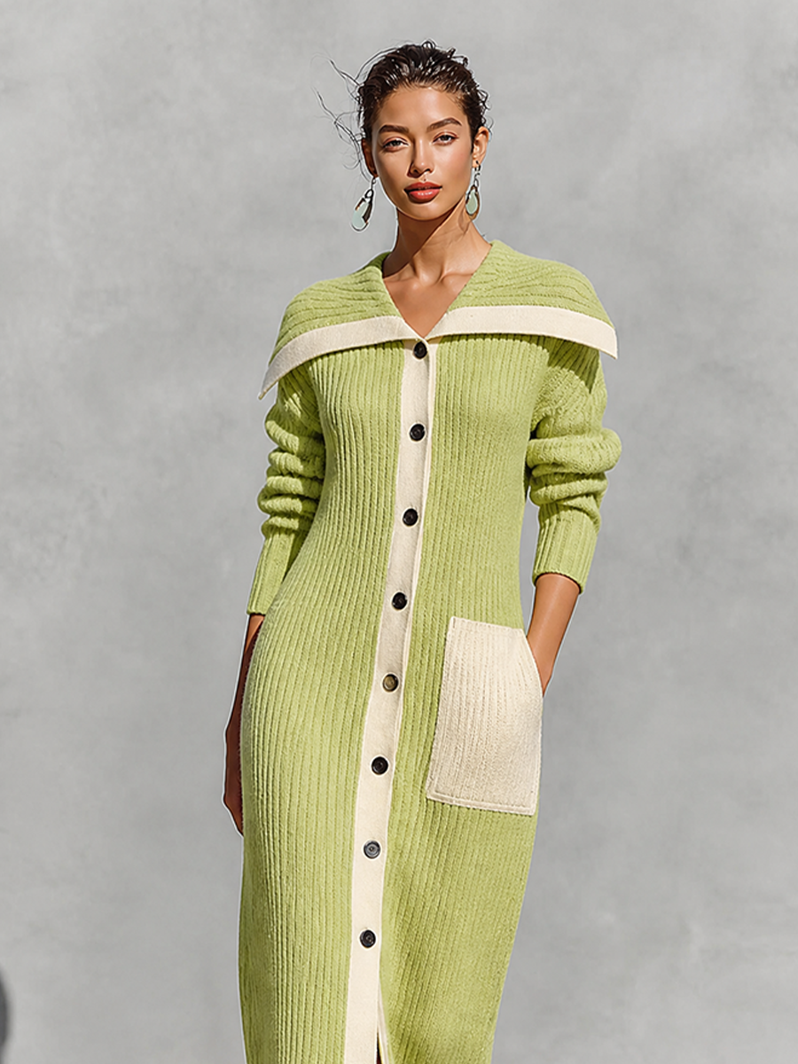Women's Off-Shoulder Color-Block Ribbed Knit Button-Up Maxi Sweater Dress – House of Velari