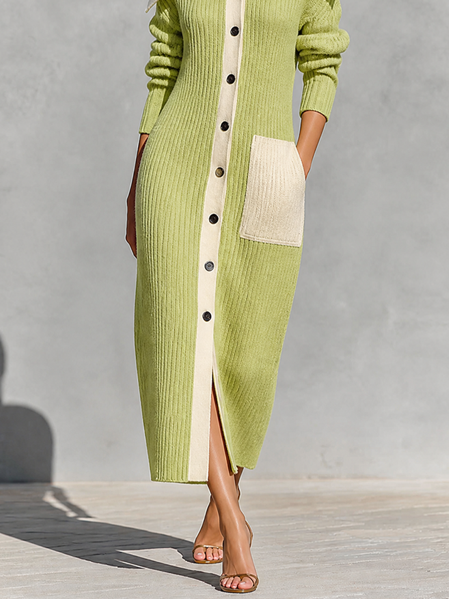 Women's Off-Shoulder Color-Block Ribbed Knit Button-Up Maxi Sweater Dress – House of Velari
