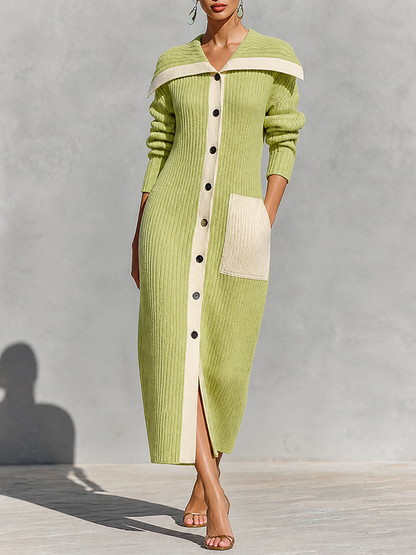 Women's Off-Shoulder Color-Block Ribbed Knit Button-Up Maxi Sweater Dress – House of Velari
