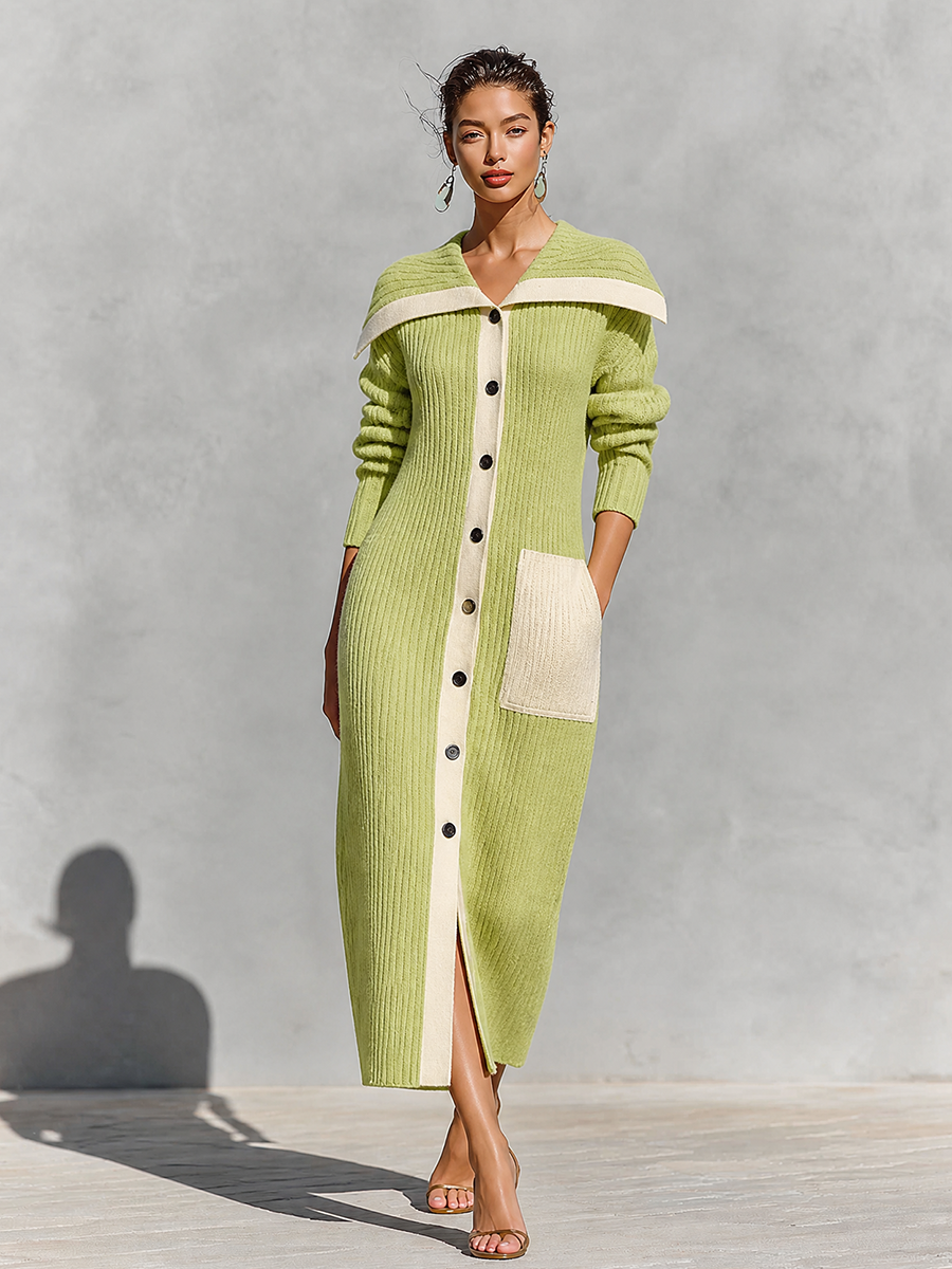 Women's Off-Shoulder Color-Block Ribbed Knit Button-Up Maxi Sweater Dress – House of Velari