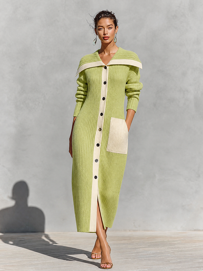 Women's Off-Shoulder Color-Block Ribbed Knit Button-Up Maxi Sweater Dress – House of Velari