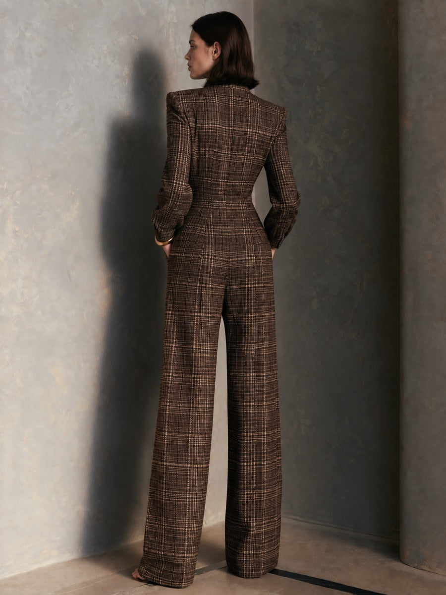 Women's Vintage Plaid Woolen Stand Collar Wide Leg Jumpsuit Long Sleeve Jumpsuit – House of Velari