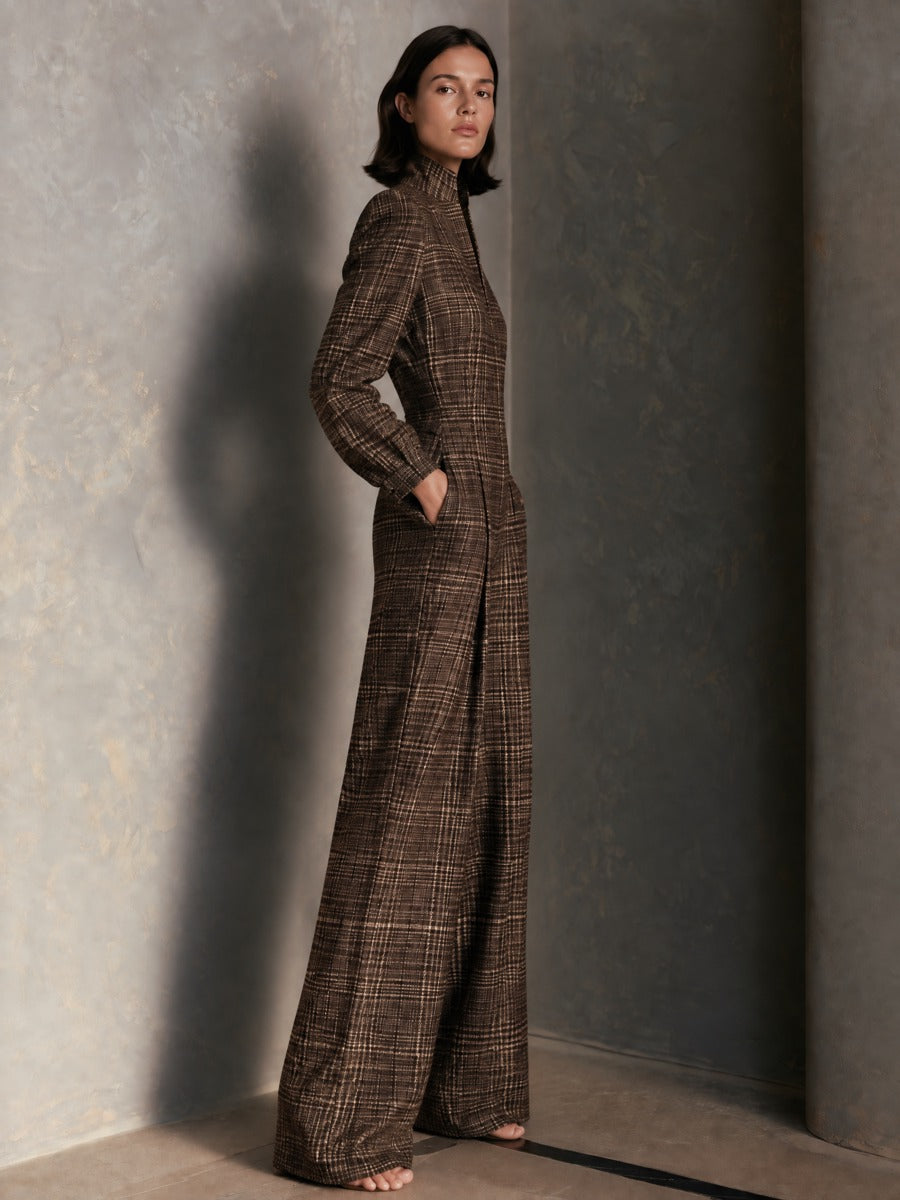 Women's Vintage Plaid Woolen Stand Collar Wide Leg Jumpsuit Long Sleeve Jumpsuit – House of Velari