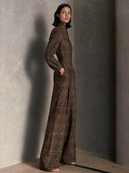 Women's Vintage Plaid Woolen Stand Collar Wide Leg Jumpsuit Long Sleeve Jumpsuit – House of Velari