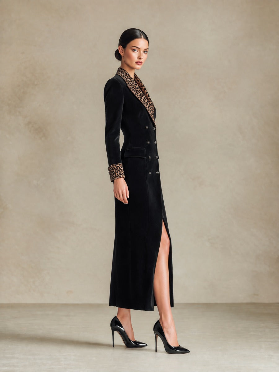 Women's Leopard-Trim Double-Breasted Long Sleeve Maxi Coat – House of Velari