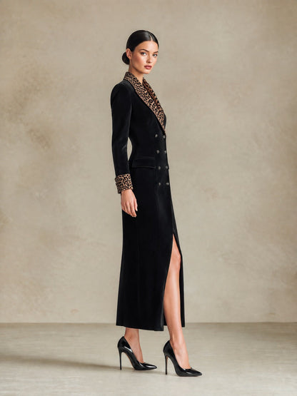 Women's Leopard-Trim Double-Breasted Long Sleeve Maxi Coat – House of Velari