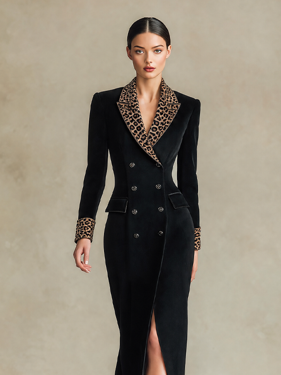 Women's Leopard-Trim Double-Breasted Long Sleeve Maxi Coat – House of Velari