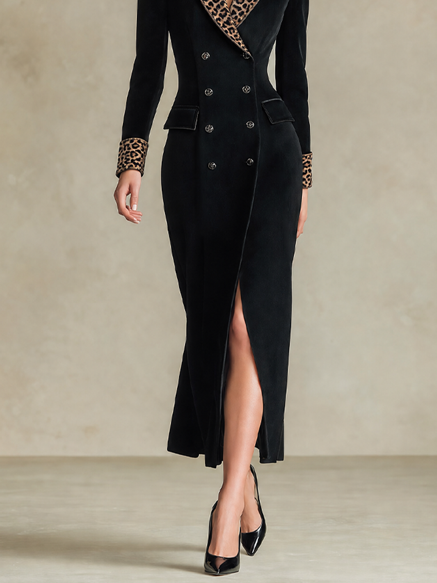 Women's Leopard-Trim Double-Breasted Long Sleeve Maxi Coat – House of Velari