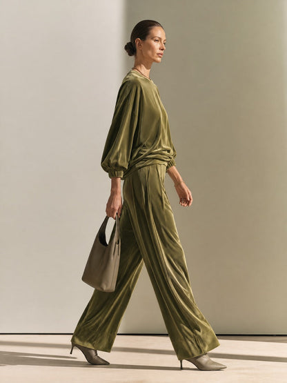 Women's Oversized Velvet Two-Piece Set - Crewneck Top & Wide-Leg Pants – House of Velari