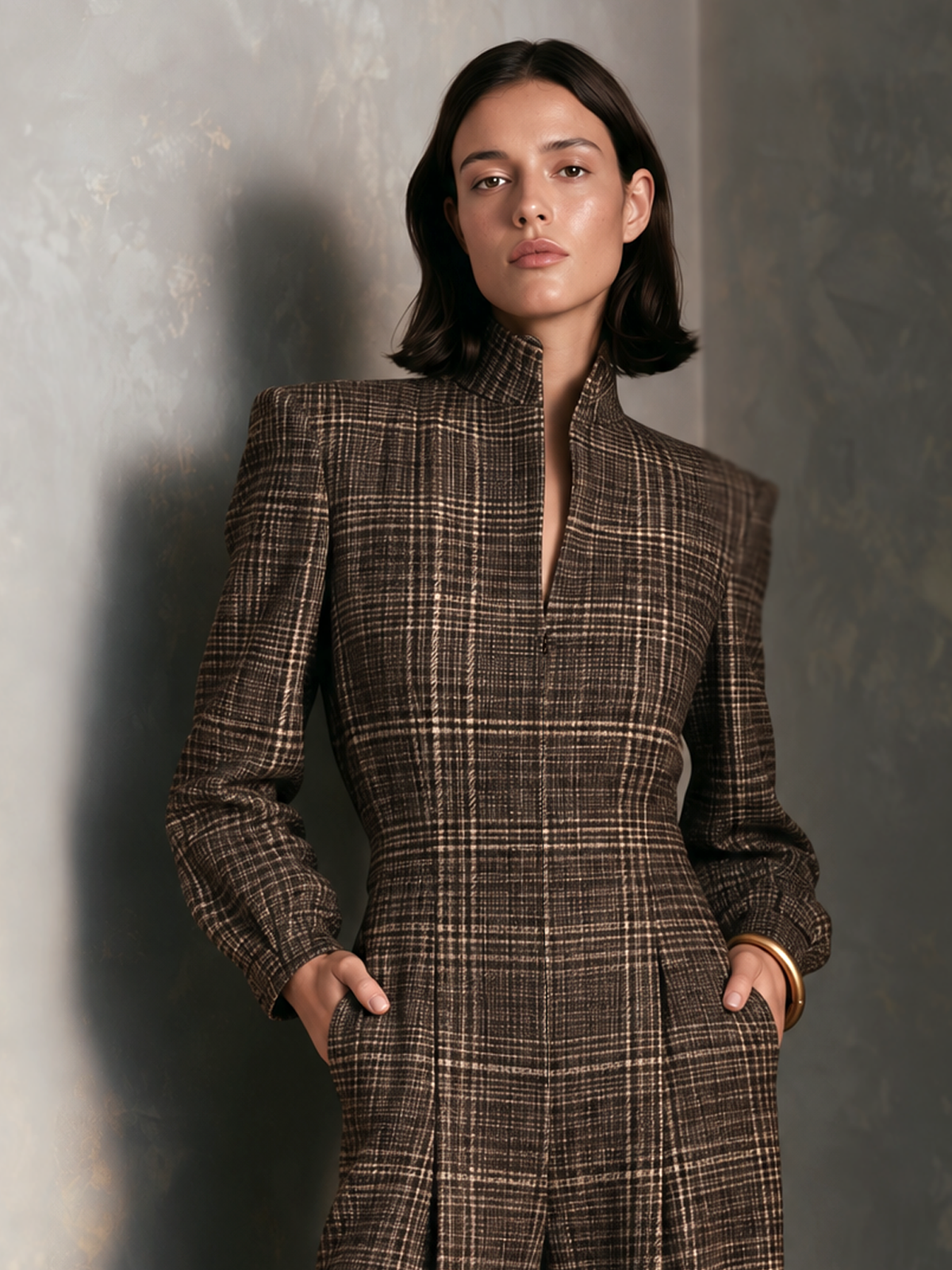 Women's Vintage Plaid Woolen Stand Collar Wide Leg Jumpsuit Long Sleeve Jumpsuit – House of Velari