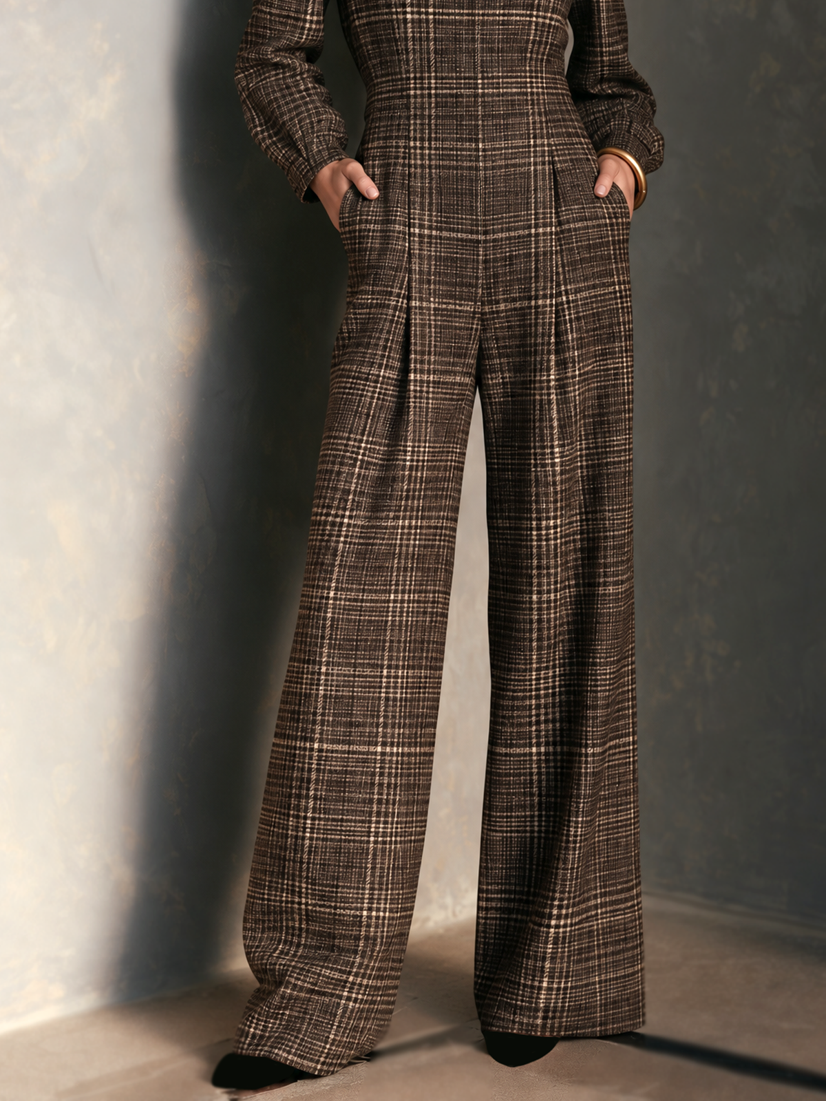 Women's Vintage Plaid Woolen Stand Collar Wide Leg Jumpsuit Long Sleeve Jumpsuit – House of Velari
