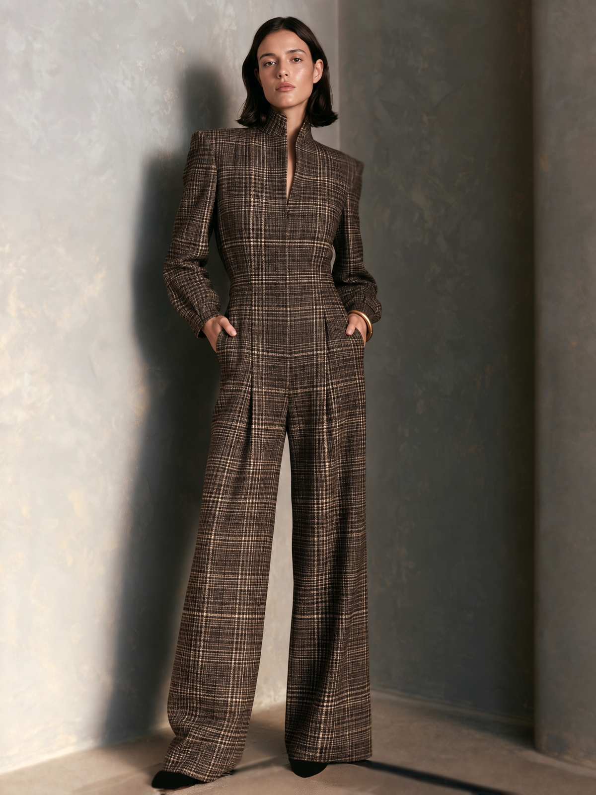 Women's Vintage Plaid Woolen Stand Collar Wide Leg Jumpsuit Long Sleeve Jumpsuit – House of Velari