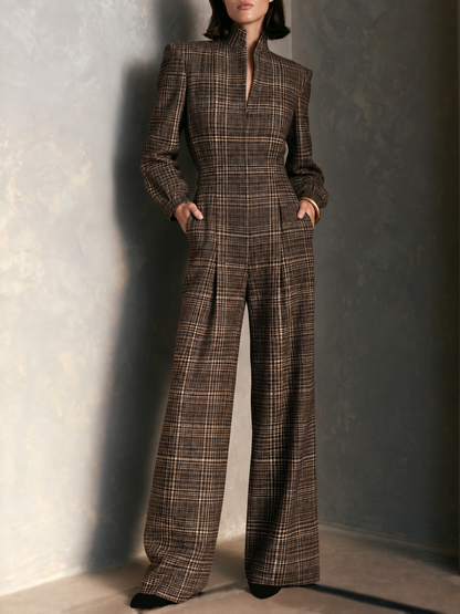 Women's Vintage Plaid Woolen Stand Collar Wide Leg Jumpsuit Long Sleeve Jumpsuit – House of Velari