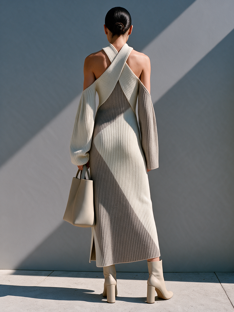 Women's Off-white & Gray Color-block Halter Knit Maxi Dress – House of Velari
