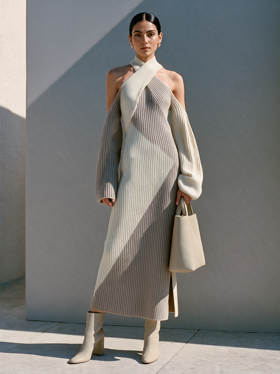 Women's Off-white & Gray Color-block Halter Knit Maxi Dress – House of Velari