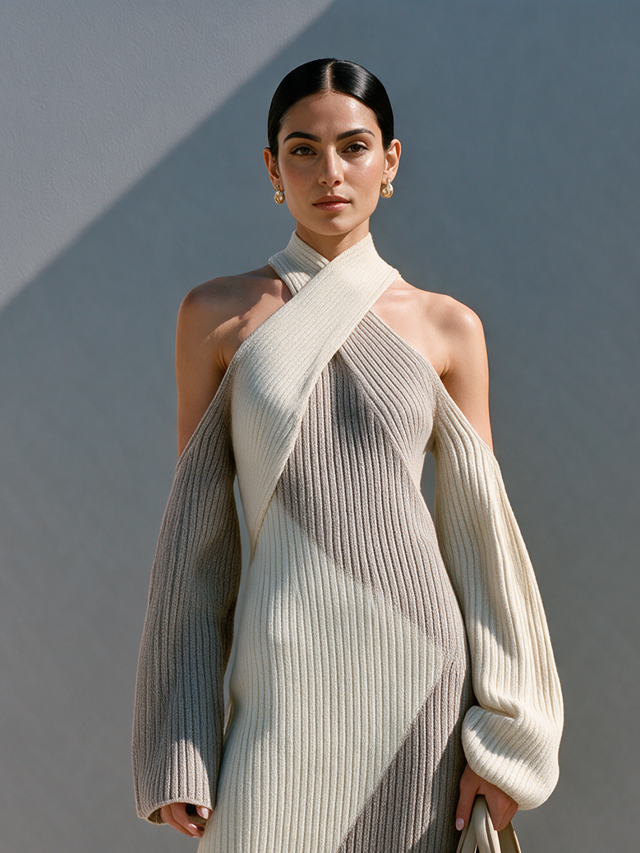 Women's Off-white & Gray Color-block Halter Knit Maxi Dress – House of Velari