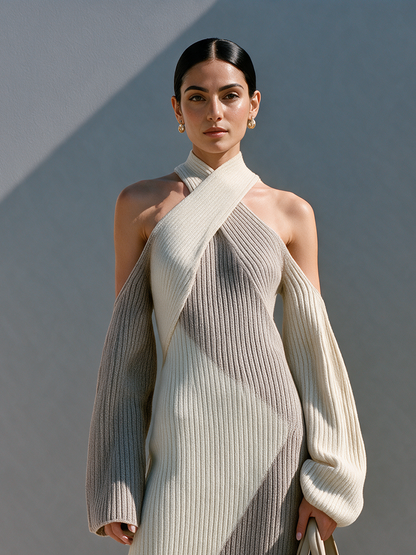 Women's Off-white & Gray Color-block Halter Knit Maxi Dress – House of Velari
