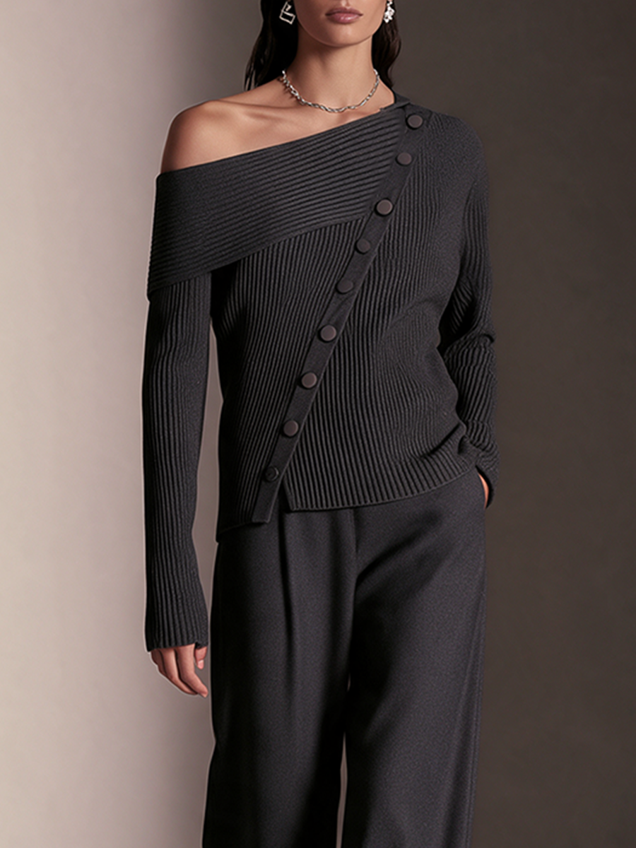 Women's Dark Gray Diagonal‑Button Off‑Shoulder Long‑Sleeve Knit Top – House of Velari