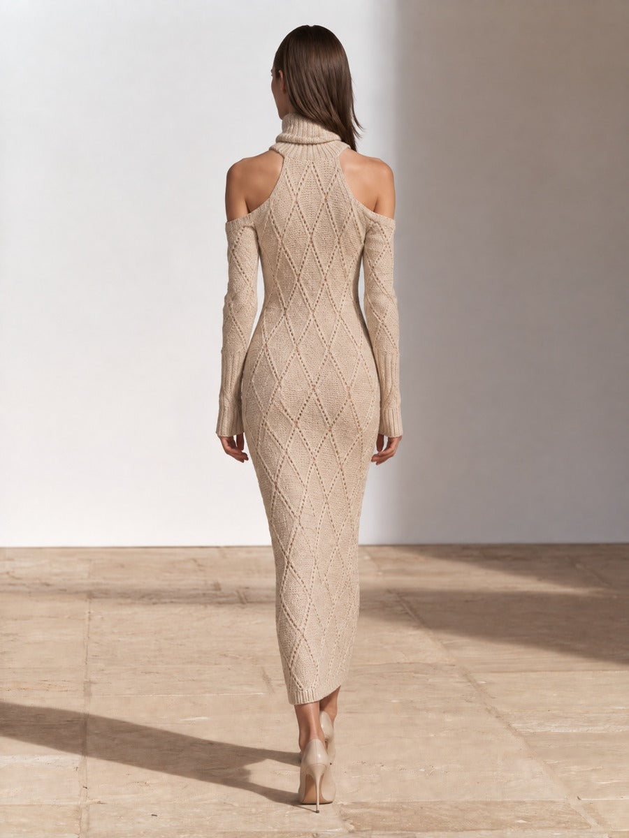 Women's Cold-Shoulder Turtleneck Cable Knit Sweater Dress – House of Velari