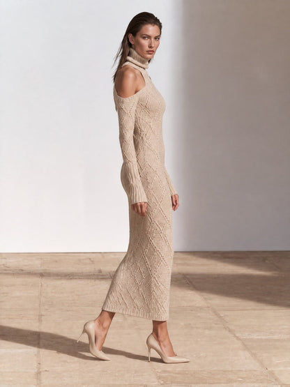 Women's Cold-Shoulder Turtleneck Cable Knit Sweater Dress – House of Velari
