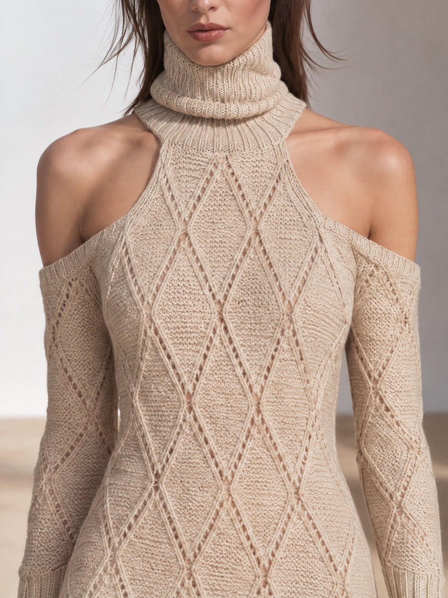 Women's Cold-Shoulder Turtleneck Cable Knit Sweater Dress – House of Velari