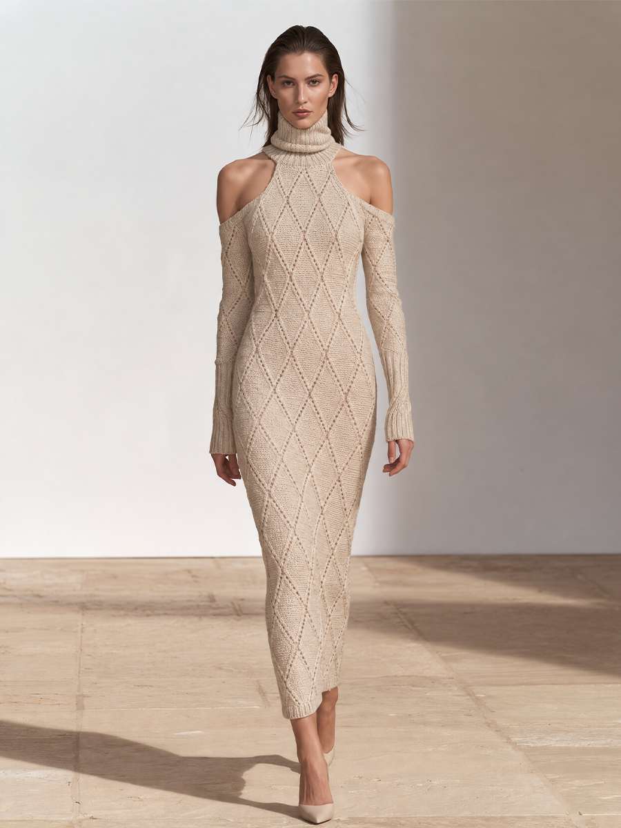 Women's Cold-Shoulder Turtleneck Cable Knit Sweater Dress – House of Velari