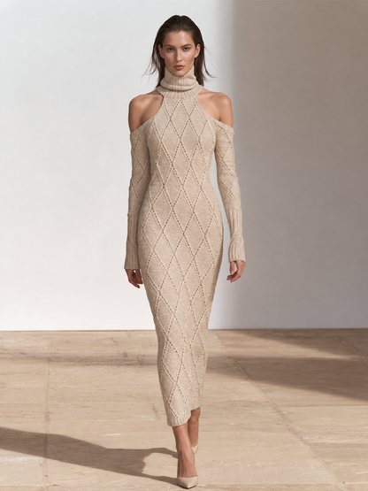 Women's Cold-Shoulder Turtleneck Cable Knit Sweater Dress – House of Velari