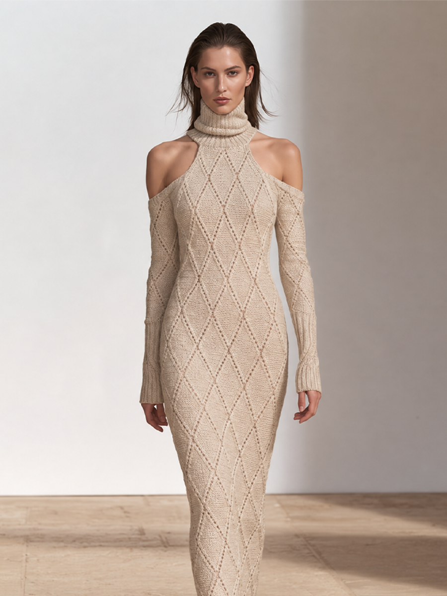 Women's Cold-Shoulder Turtleneck Cable Knit Sweater Dress – House of Velari