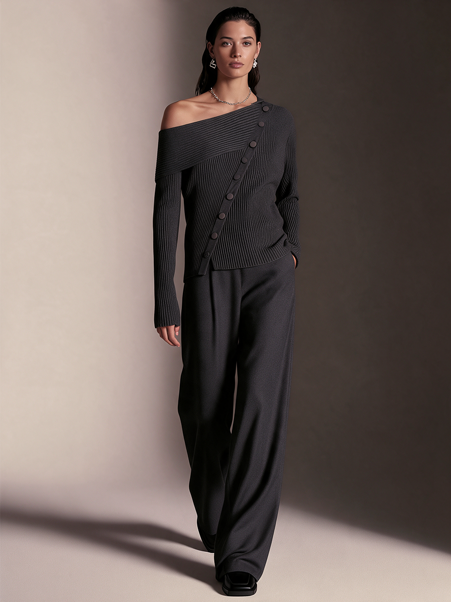 Women's Dark Gray Diagonal‑Button Off‑Shoulder Long‑Sleeve Knit Top – House of Velari