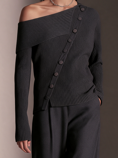 Women's Dark Gray Diagonal‑Button Off‑Shoulder Long‑Sleeve Knit Top – House of Velari