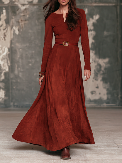 Women's Long-Sleeve Suede Maxi Dress with V-Neck – House of Velari