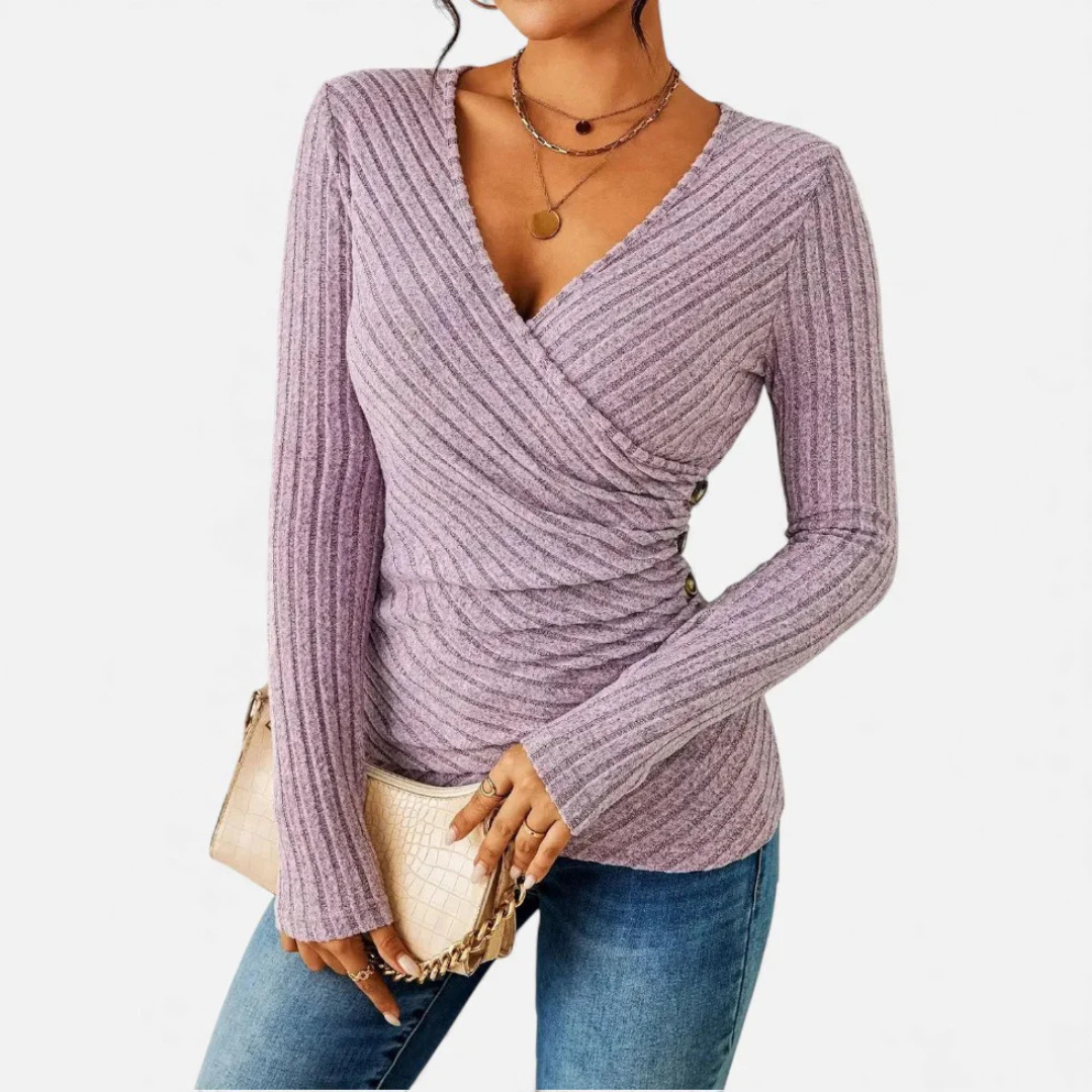 Women's Ribbed Wrap-Front Top – Long Sleeve V-Neck Blouse – House of Velari