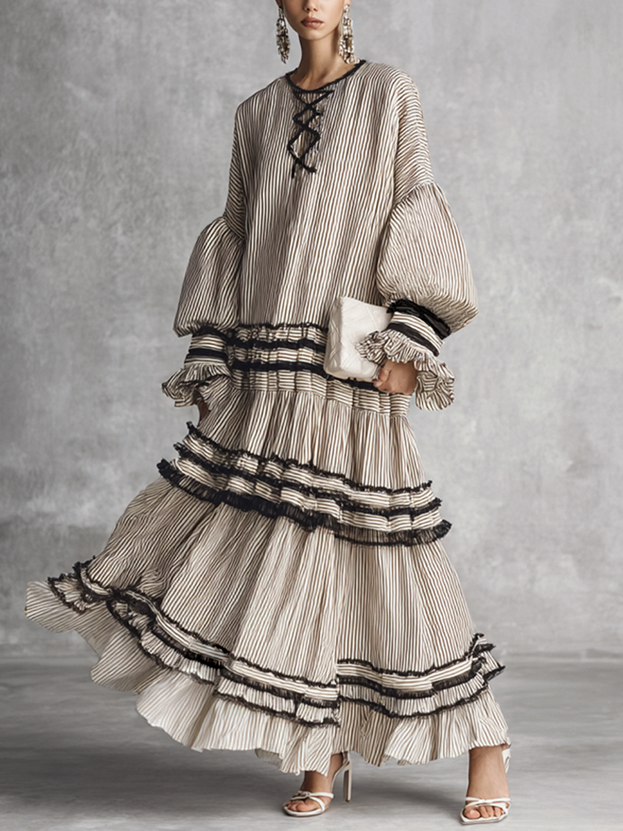 Women's Cotton Long Sleeve Tiered Striped Maxi Dress – House of Velari