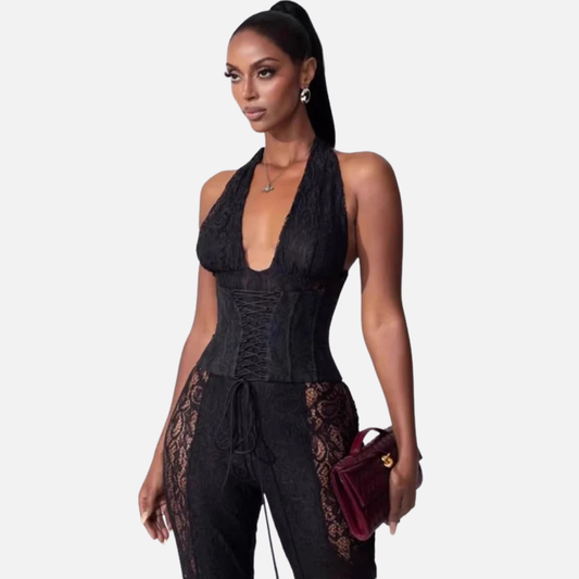 Women's Lace Halter Jumpsuit – Corset Style Sheer Panel Evening Suit – House of Velari